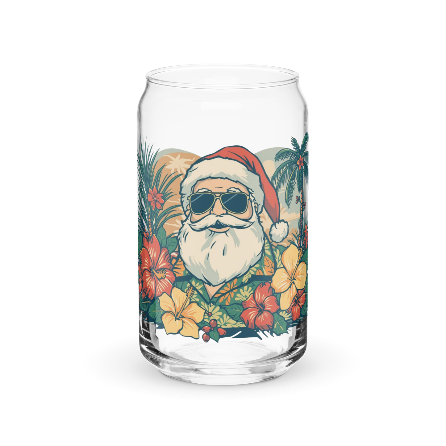 Hawaiian Santa Can Glass 16oz Holiday Hibiscus Cup