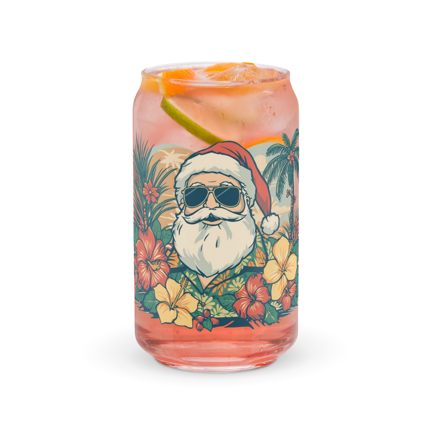 Hawaiian Santa Can Glass 16oz Holiday Hibiscus Cup