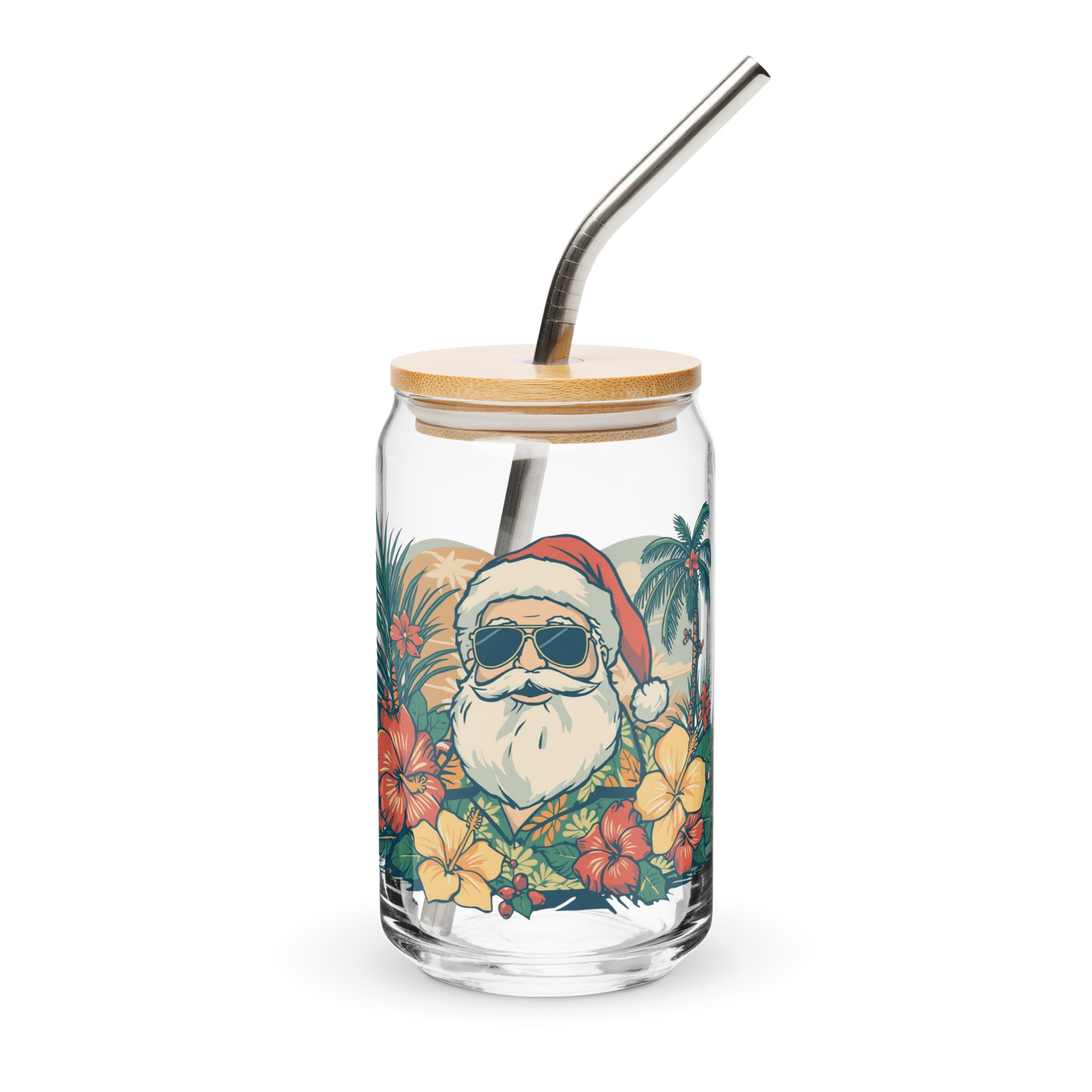 Hawaiian Santa Can Glass 16oz Holiday Hibiscus Cup