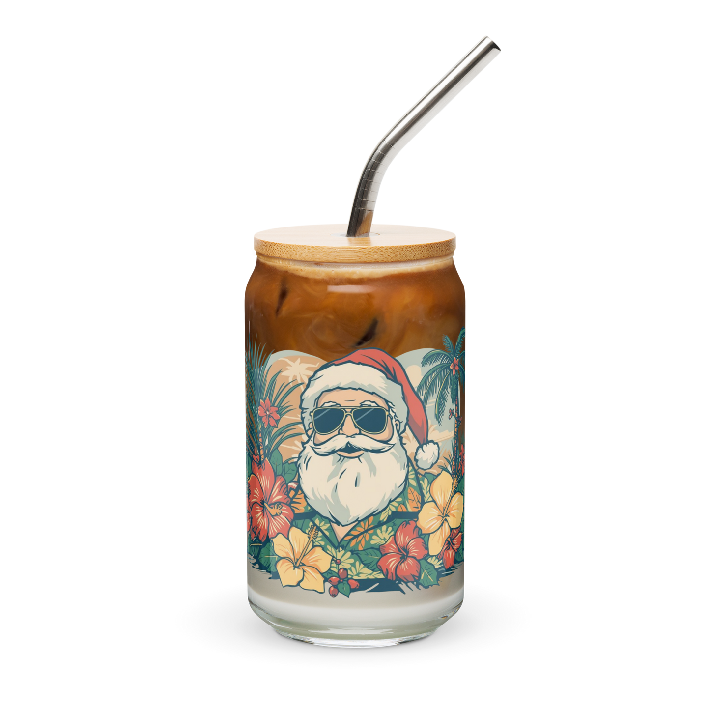 Hawaiian Santa Can Glass 16oz Holiday Hibiscus Cup