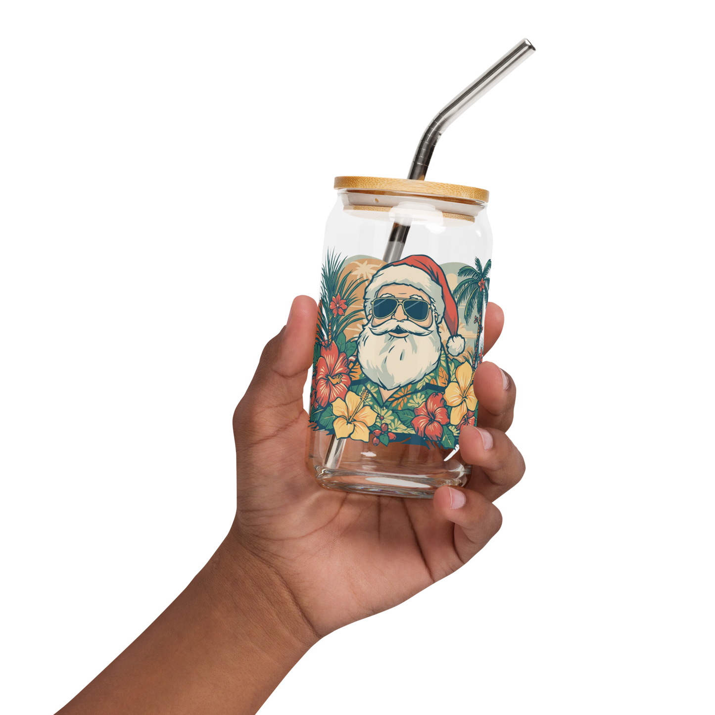 Hawaiian Santa Can Glass 16oz Holiday Hibiscus Cup