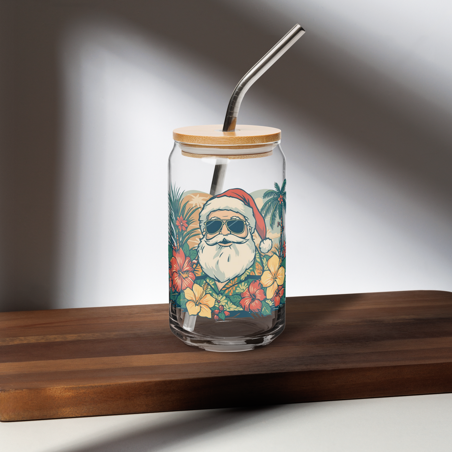 Hawaiian Santa Can Glass 16oz Holiday Hibiscus Cup