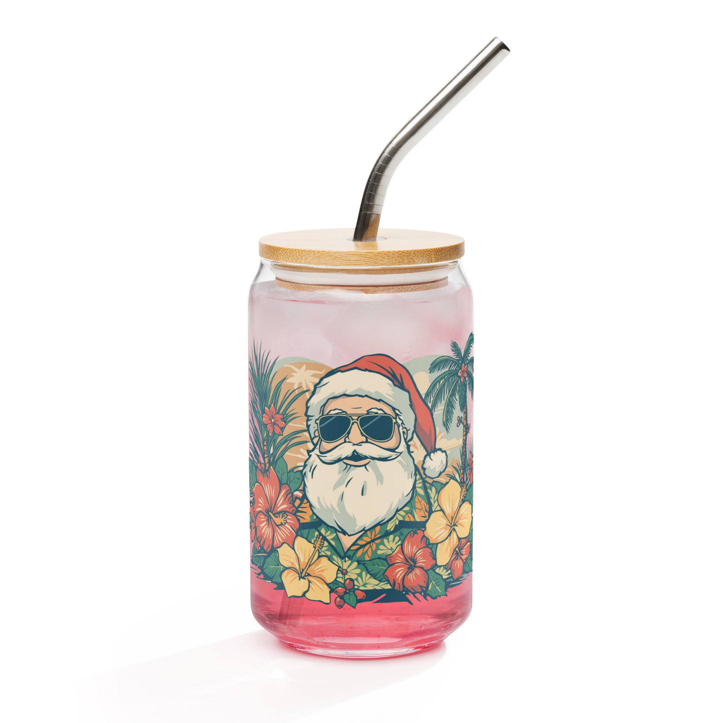 Hawaiian Santa Can Glass 16oz Holiday Hibiscus Cup