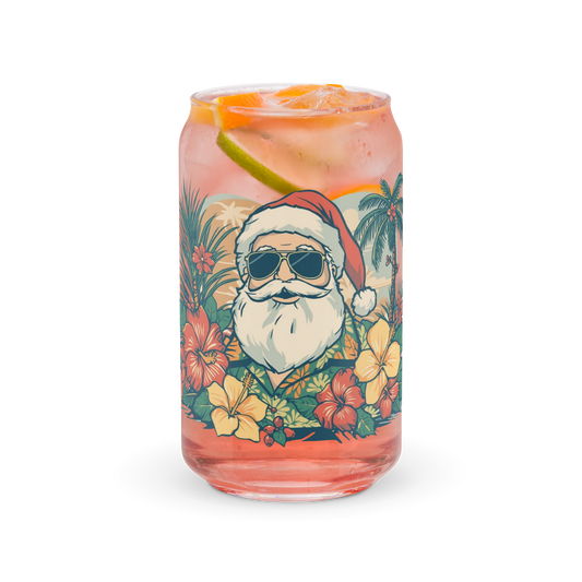 Hawaiian Santa Can Glass 16oz Holiday Hibiscus Cup